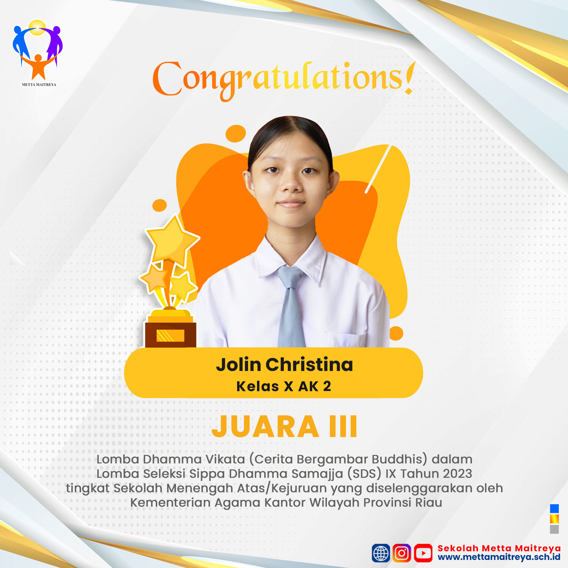 Prestasi Peserta Didik dalam Lomba Dhamma Vikata dalam Sippa Dhamma Samajja (SDS) IX Tahun 2023 | SMK METTA MAITREYA